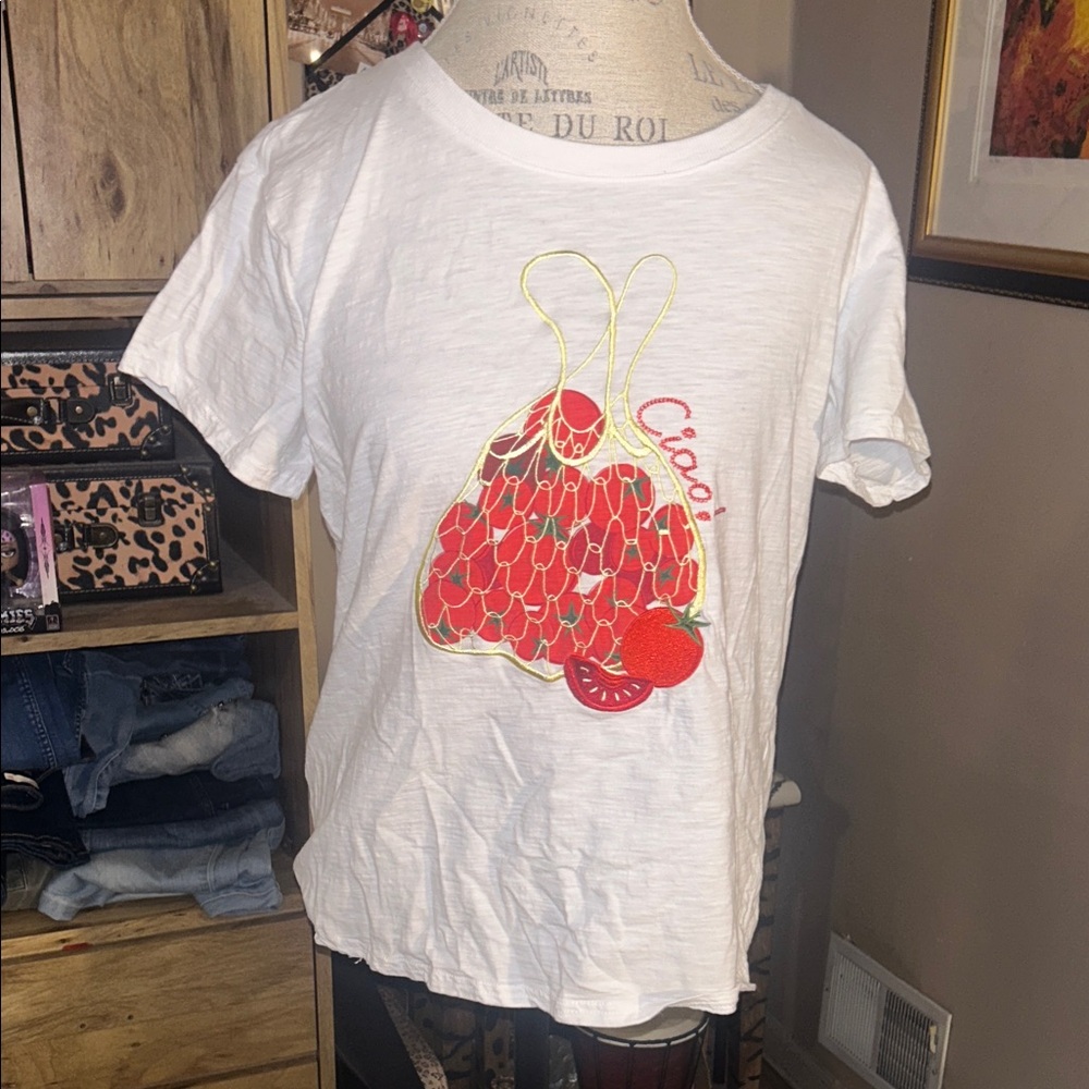 White Jane + Delancey Shirt with Red Tomato Design - Large
